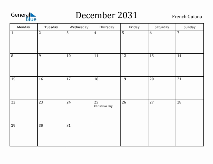 December 2031 Calendar French Guiana