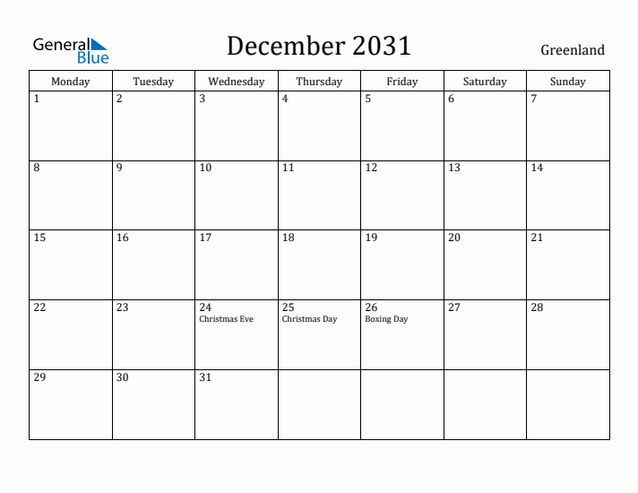 December 2031 Calendar Greenland