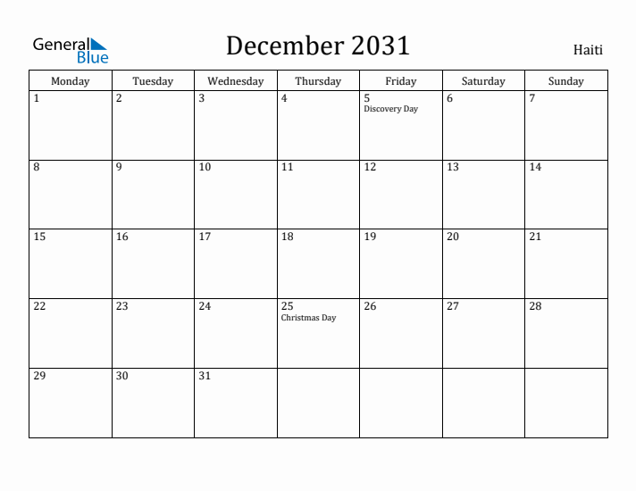 December 2031 Calendar Haiti