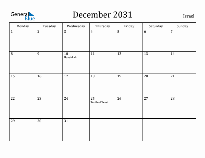 December 2031 Calendar Israel