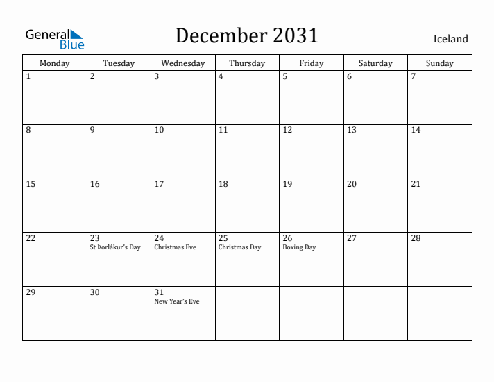 December 2031 Calendar Iceland