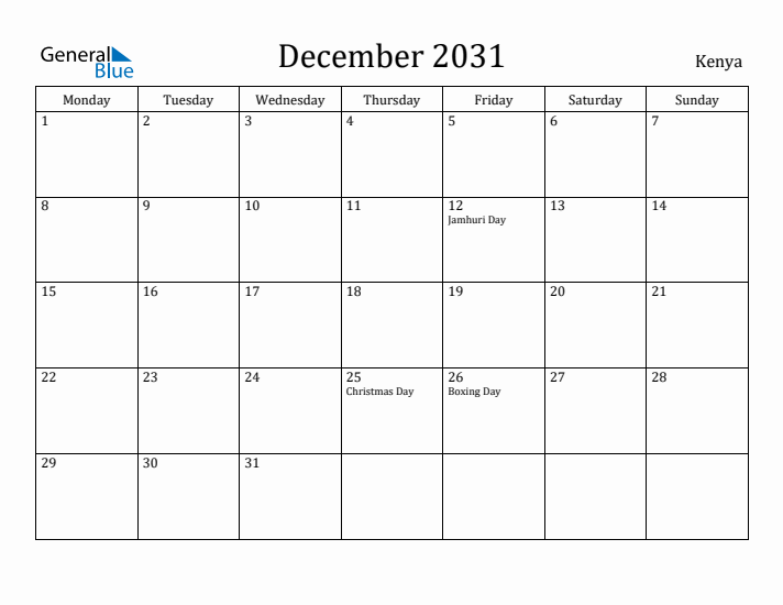 December 2031 Calendar Kenya