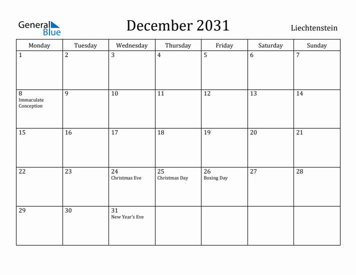 December 2031 Calendar Liechtenstein