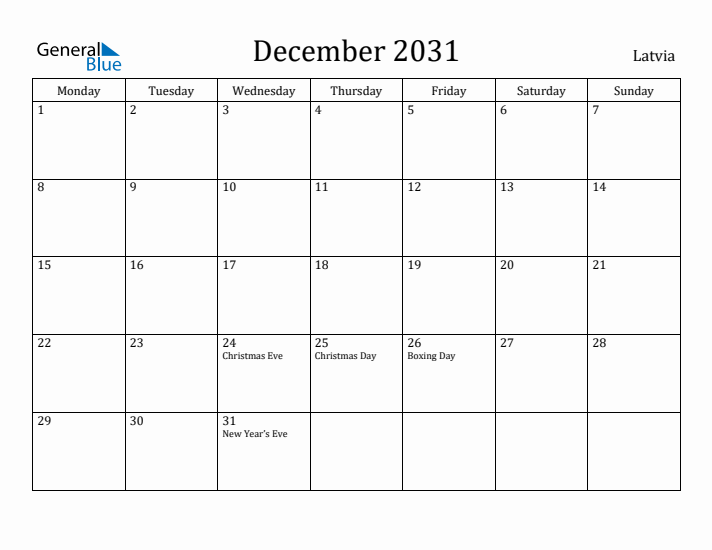 December 2031 Calendar Latvia