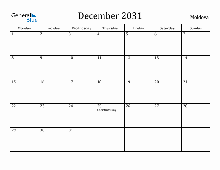 December 2031 Calendar Moldova