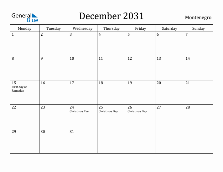 December 2031 Calendar Montenegro