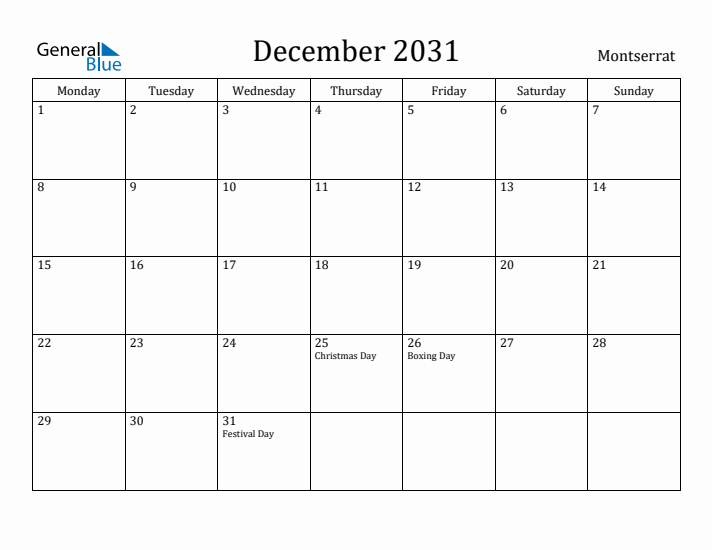 December 2031 Calendar Montserrat