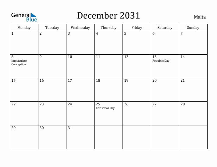 December 2031 Calendar Malta