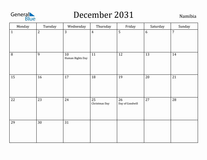 December 2031 Calendar Namibia