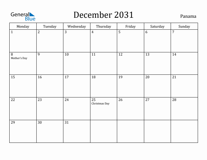 December 2031 Calendar Panama
