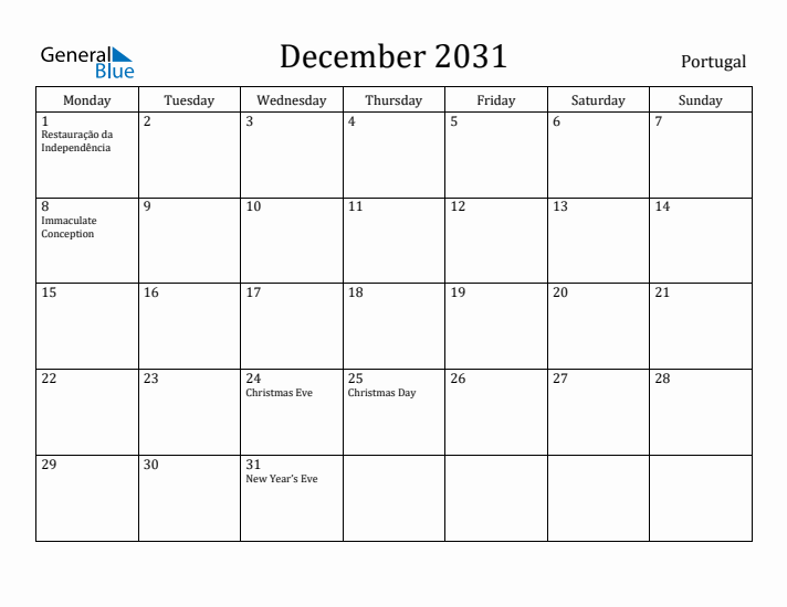 December 2031 Calendar Portugal