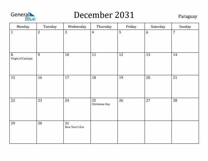 December 2031 Calendar Paraguay
