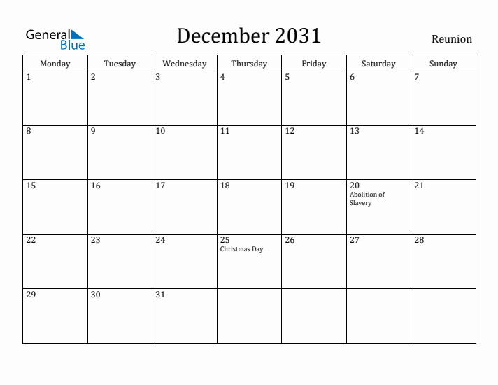 December 2031 Calendar Reunion
