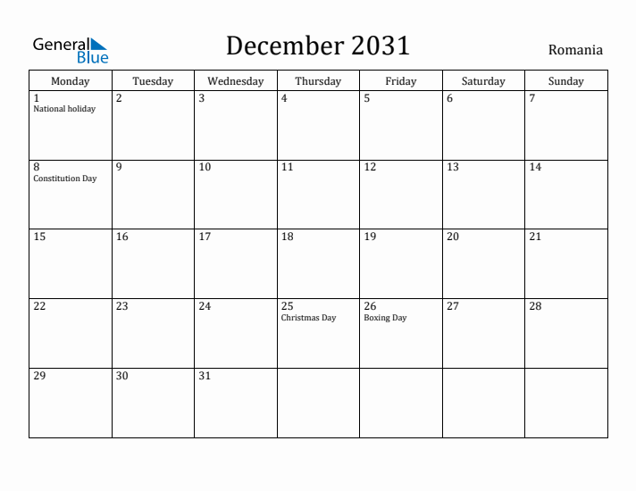 December 2031 Calendar Romania