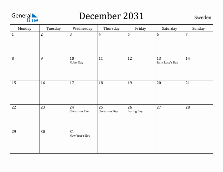 December 2031 Calendar Sweden