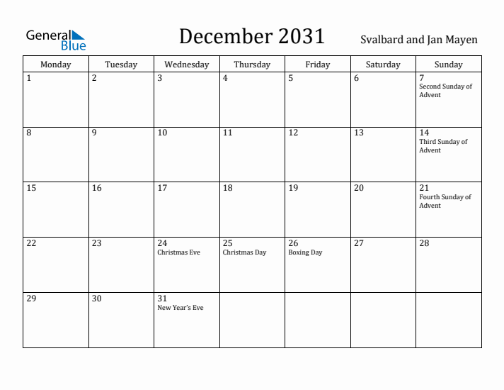 December 2031 Calendar Svalbard and Jan Mayen