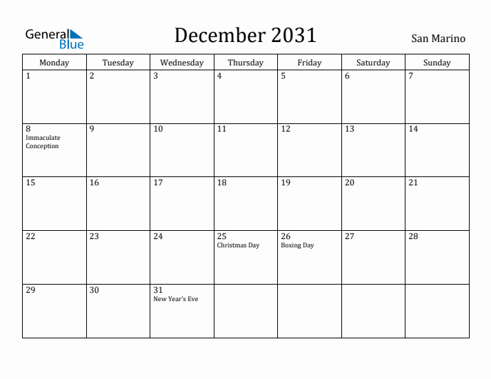 December 2031 Calendar San Marino