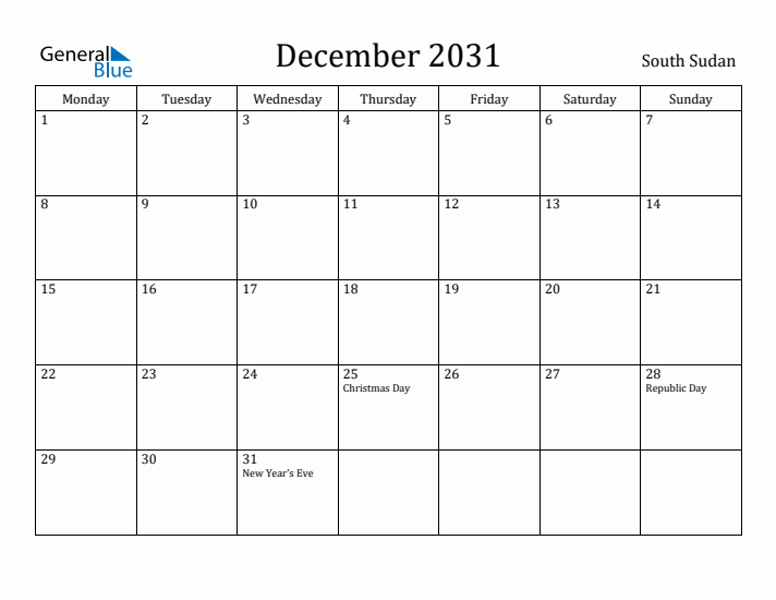 December 2031 Calendar South Sudan