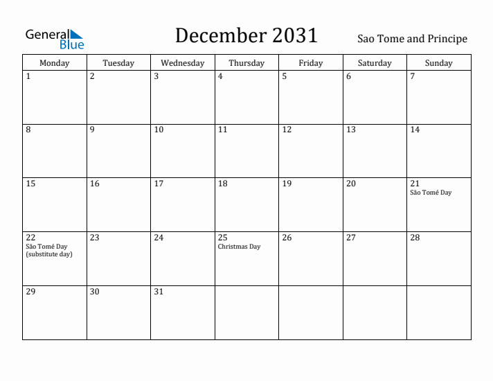 December 2031 Calendar Sao Tome and Principe