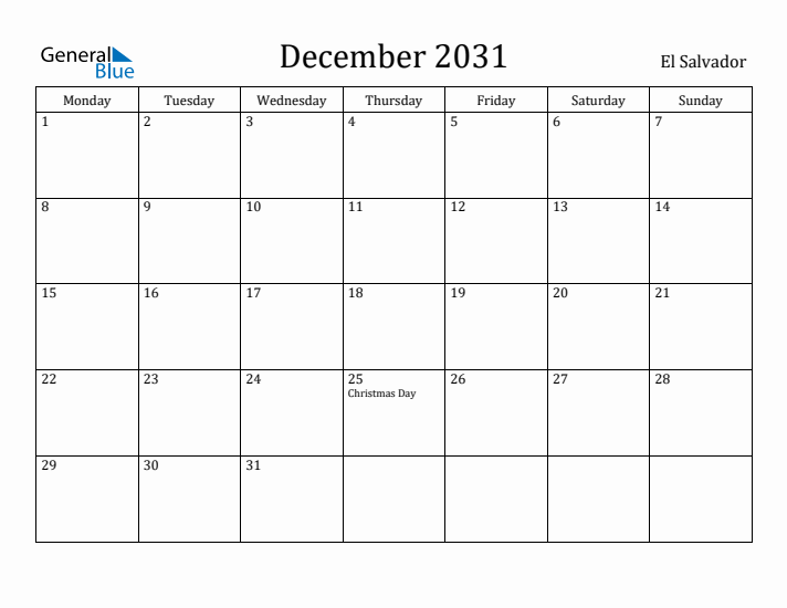 December 2031 Calendar El Salvador