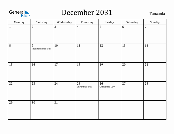 December 2031 Calendar Tanzania