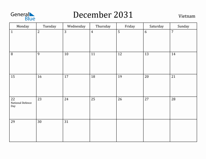 December 2031 Calendar Vietnam
