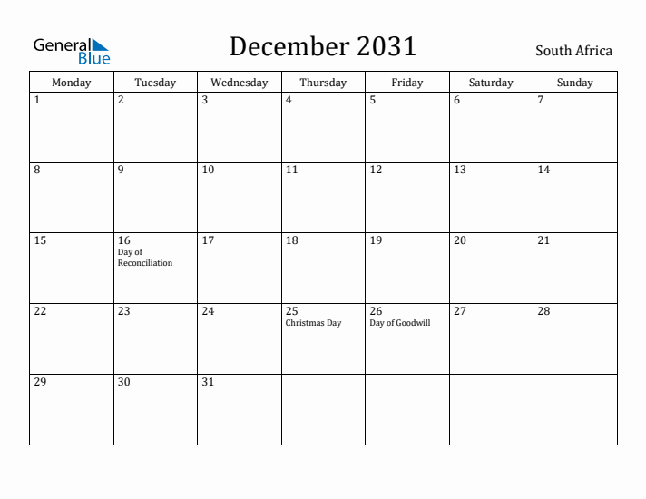 December 2031 Calendar South Africa