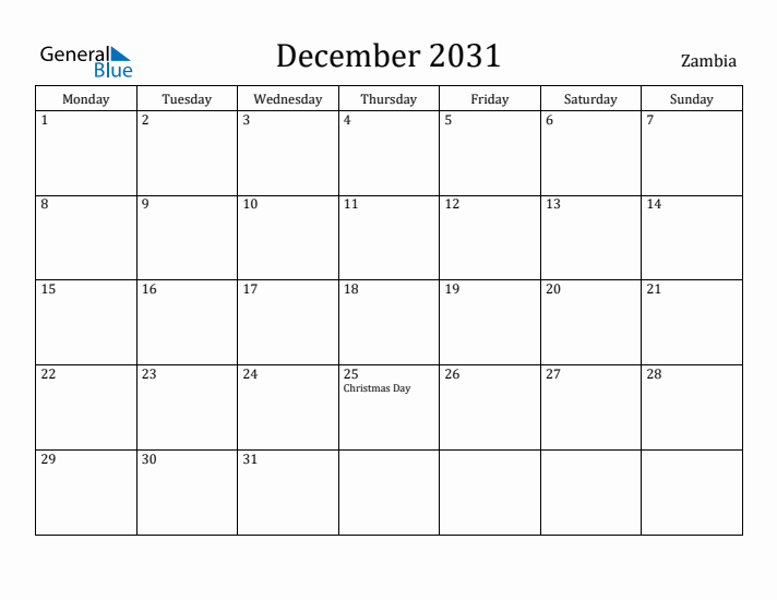 December 2031 Calendar Zambia