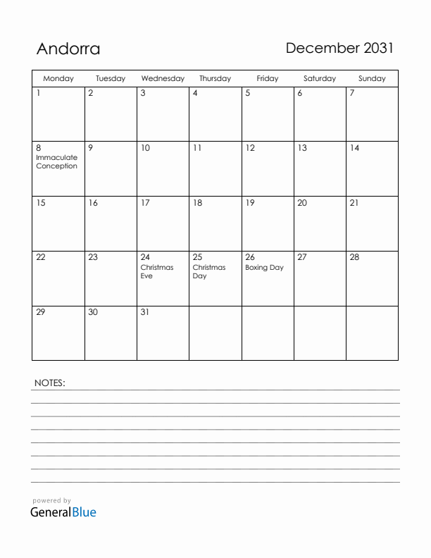 December 2031 Andorra Calendar with Holidays (Monday Start)