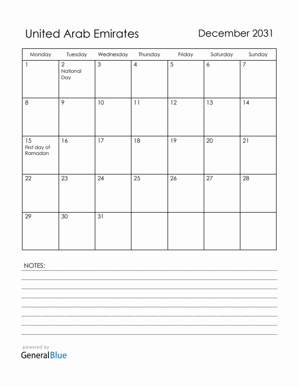 December 2031 United Arab Emirates Calendar with Holidays (Monday Start)