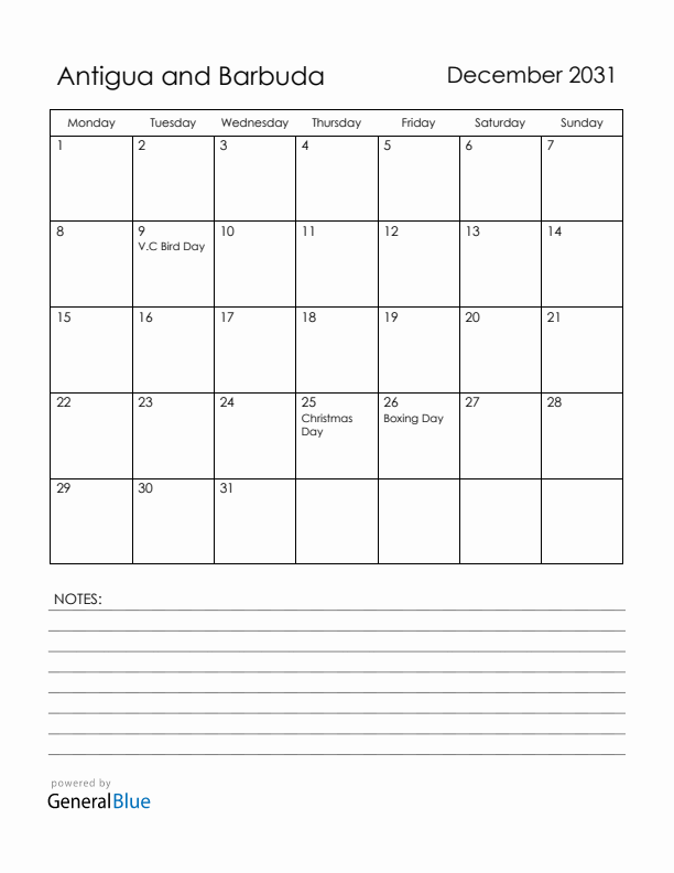 December 2031 Antigua and Barbuda Calendar with Holidays (Monday Start)