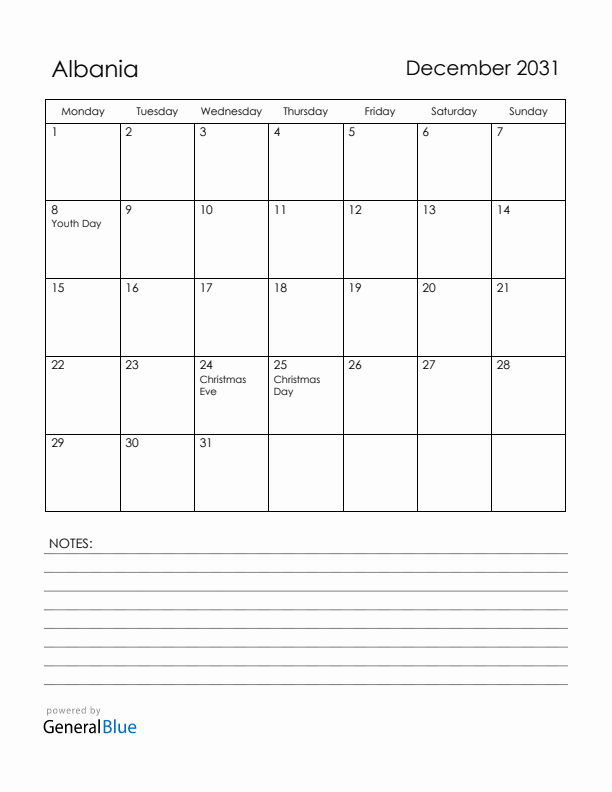 December 2031 Albania Calendar with Holidays (Monday Start)