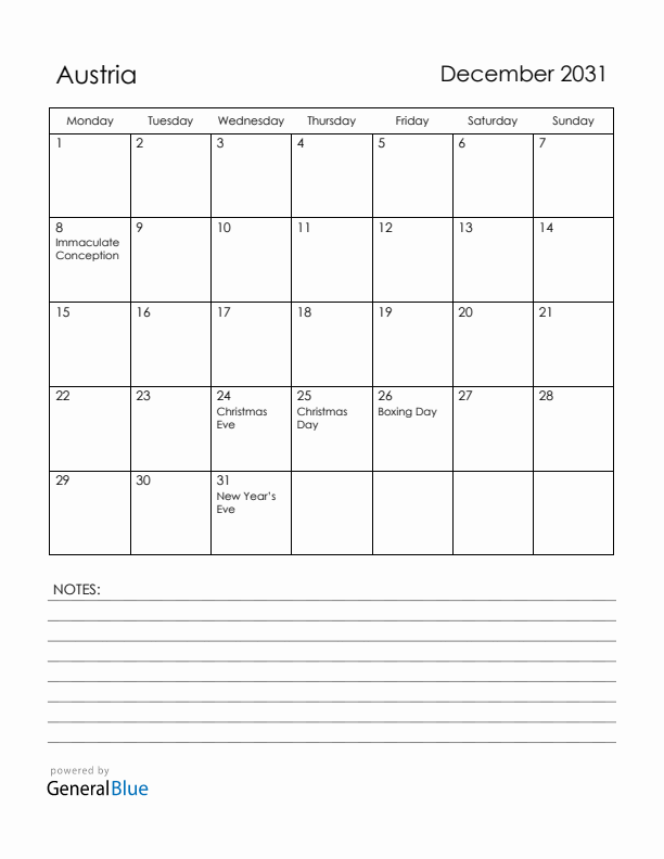 December 2031 Austria Calendar with Holidays (Monday Start)