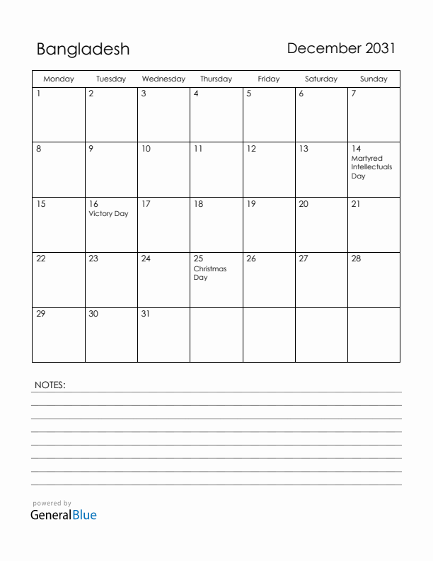 December 2031 Bangladesh Calendar with Holidays (Monday Start)