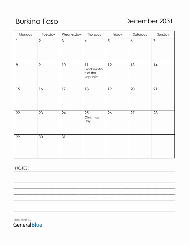 December 2031 Burkina Faso Calendar with Holidays (Monday Start)