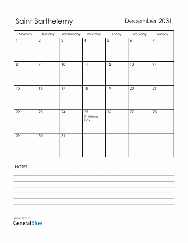December 2031 Saint Barthelemy Calendar with Holidays (Monday Start)