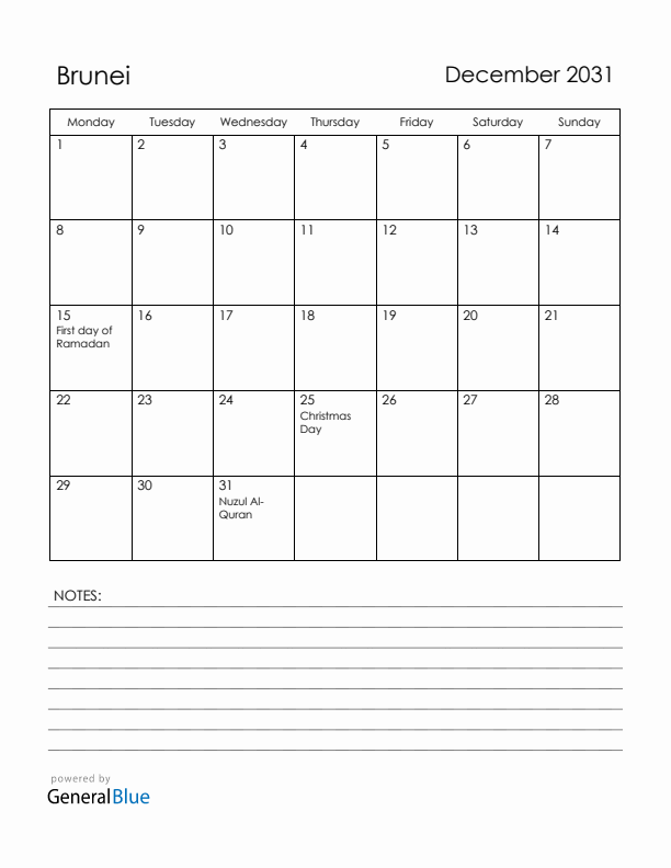 December 2031 Brunei Calendar with Holidays (Monday Start)