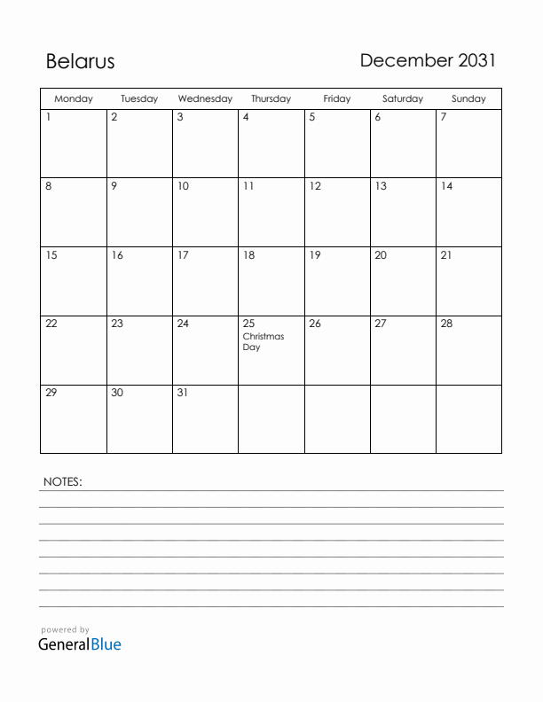 December 2031 Belarus Calendar with Holidays (Monday Start)