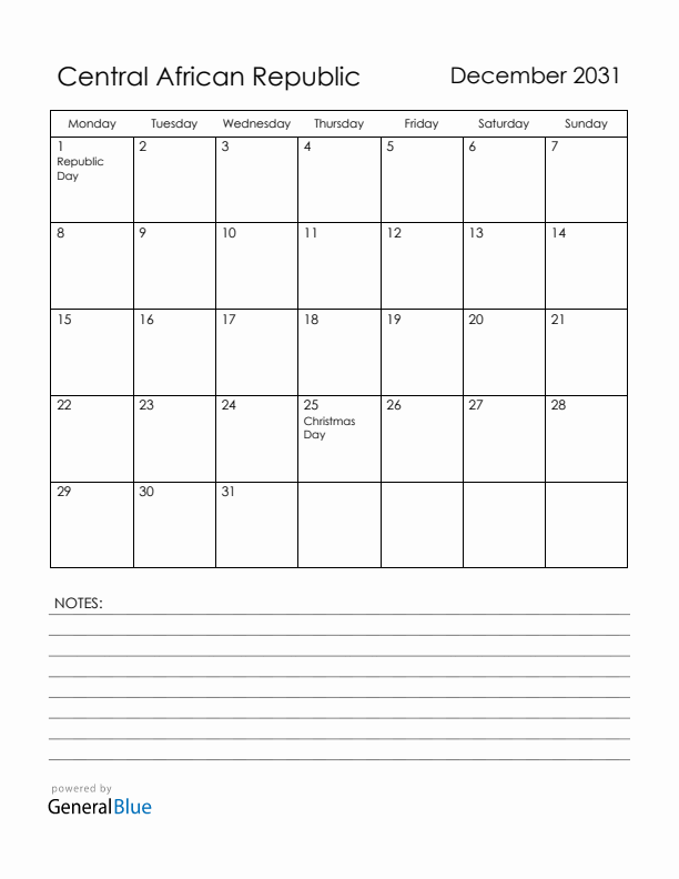December 2031 Central African Republic Calendar with Holidays (Monday Start)