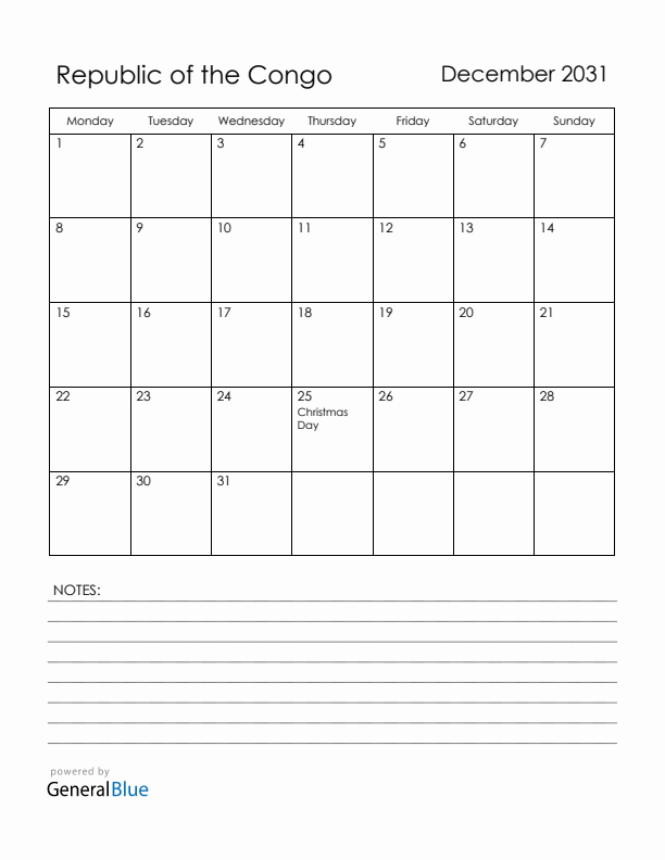 December 2031 Republic of the Congo Calendar with Holidays (Monday Start)