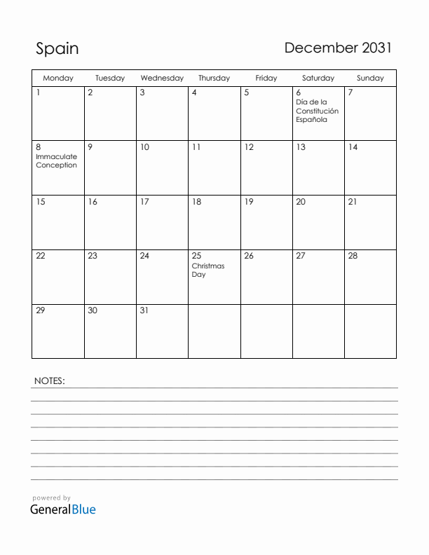 December 2031 Spain Calendar with Holidays (Monday Start)