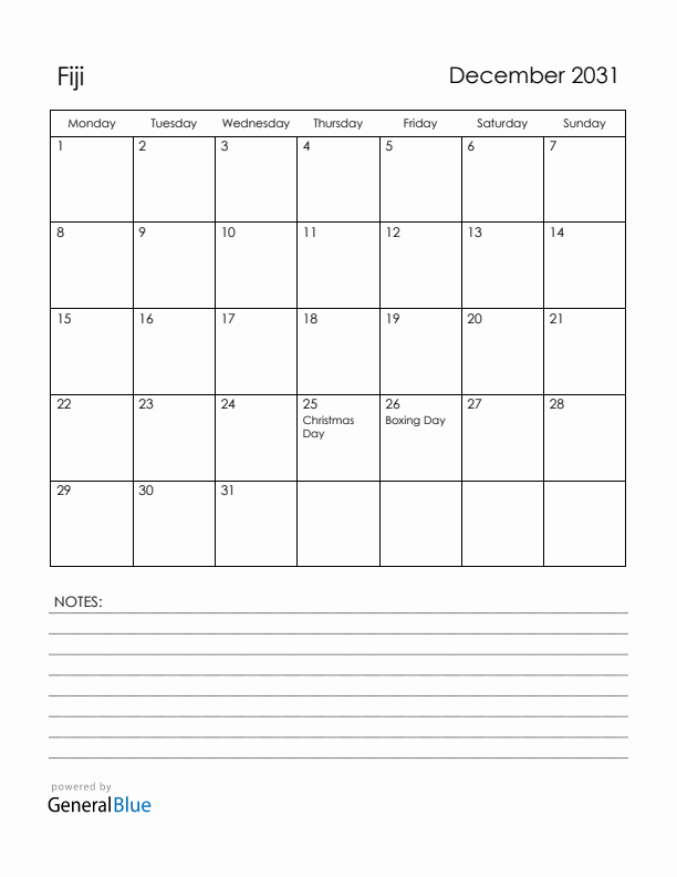 December 2031 Fiji Calendar with Holidays (Monday Start)