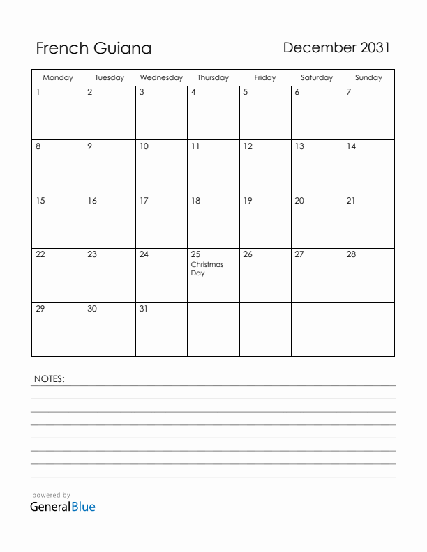 December 2031 French Guiana Calendar with Holidays (Monday Start)