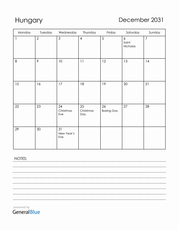 December 2031 Hungary Calendar with Holidays (Monday Start)