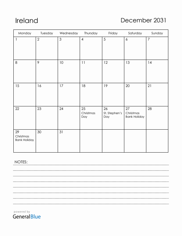 December 2031 Ireland Calendar with Holidays (Monday Start)