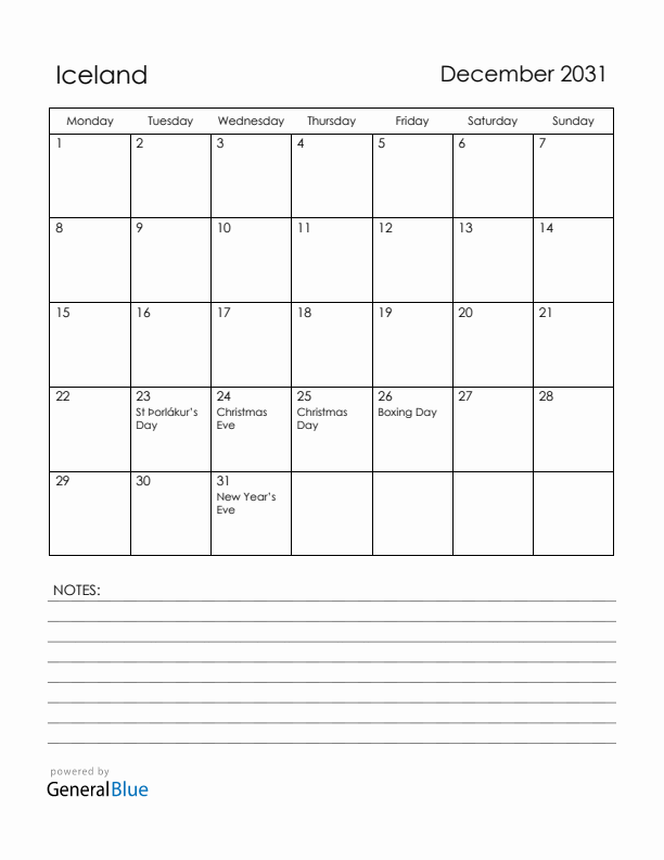 December 2031 Iceland Calendar with Holidays (Monday Start)