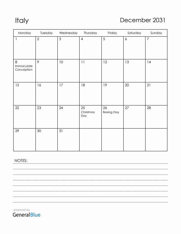 December 2031 Italy Calendar with Holidays (Monday Start)