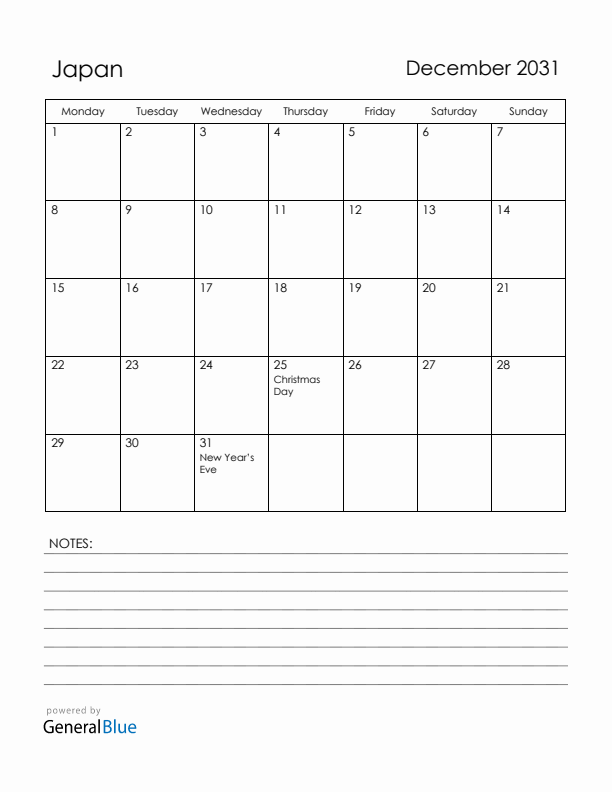 December 2031 Japan Calendar with Holidays (Monday Start)