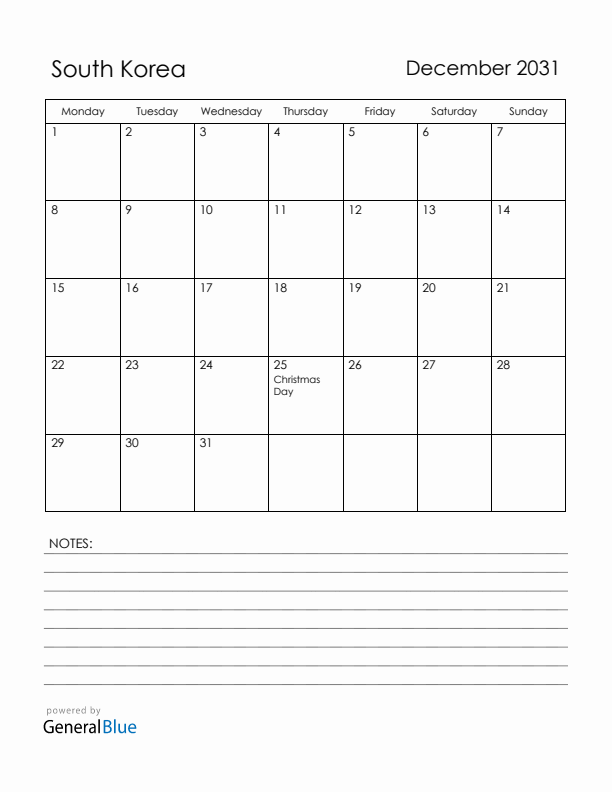 December 2031 South Korea Calendar with Holidays (Monday Start)