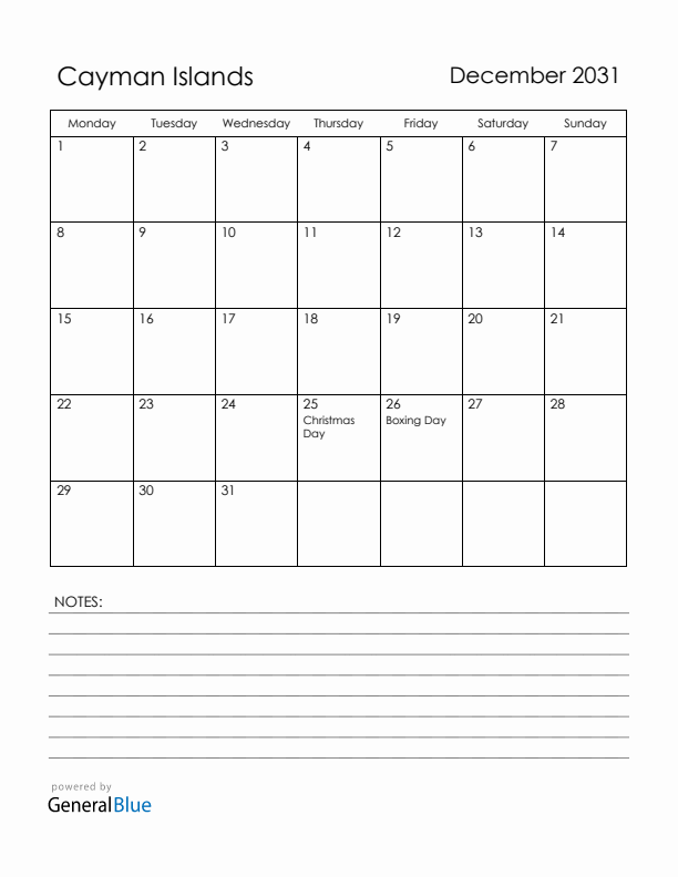 December 2031 Cayman Islands Calendar with Holidays (Monday Start)